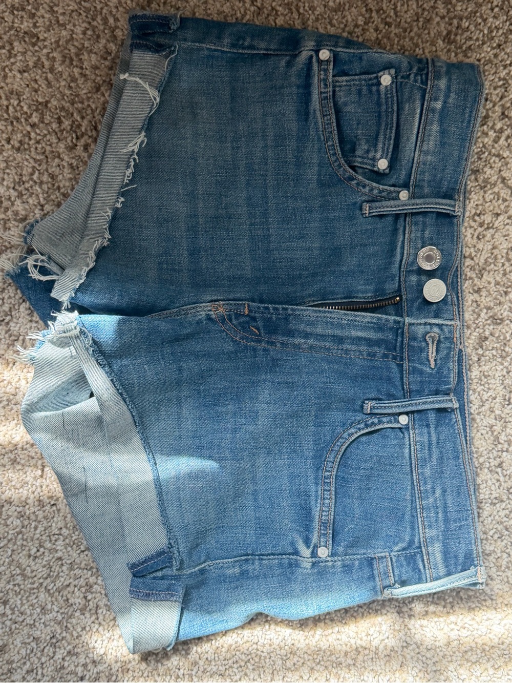 MOTHER Light Blue Denim Shorts with Frayed Waistband Detail
